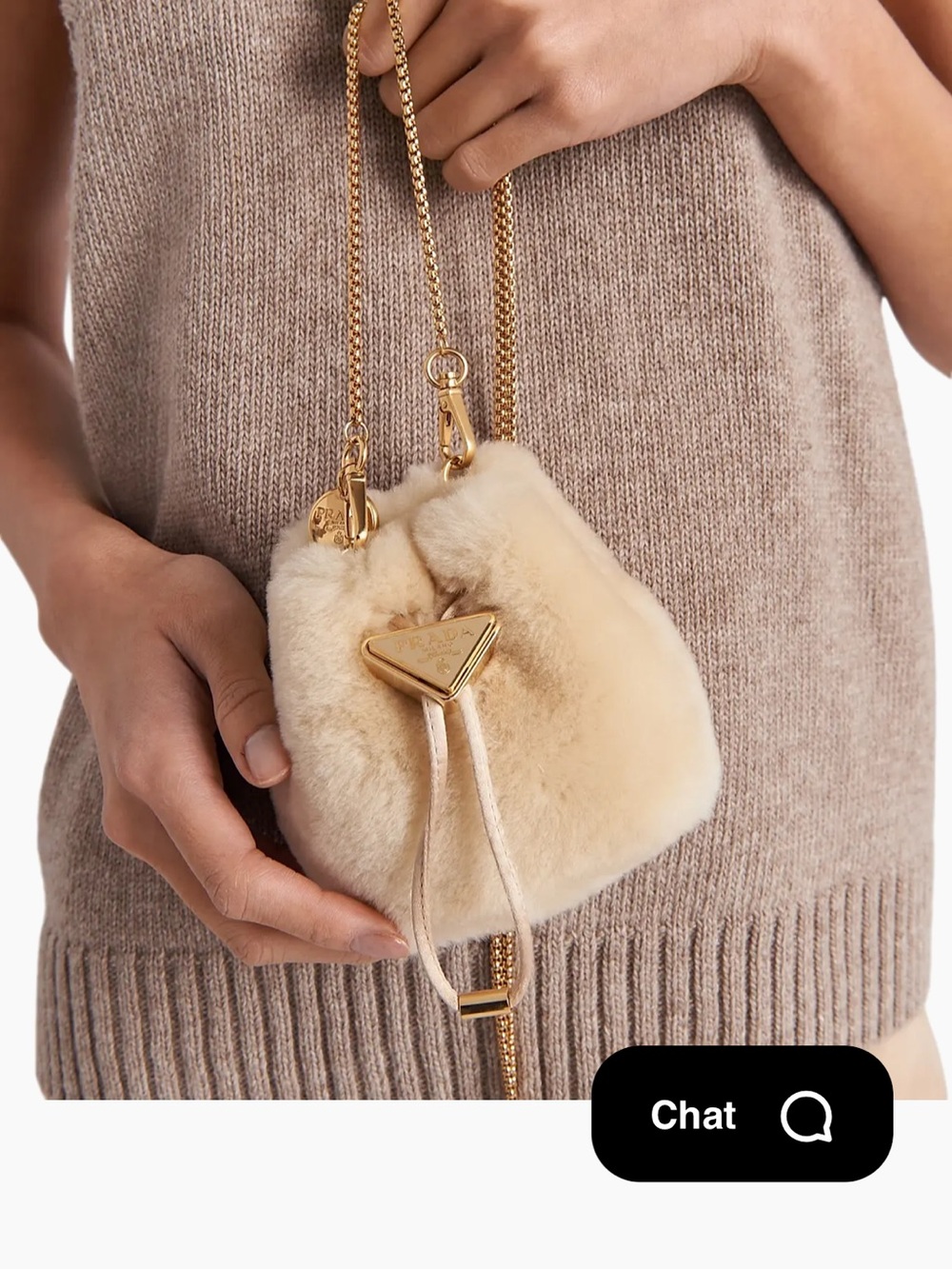 Prada Cream Shearling Mini Drawstring Bag with Gold Chain